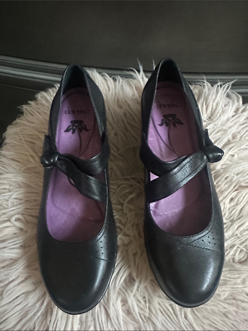 Dansko Black Leather Mary Jane Flats with Purple Insole